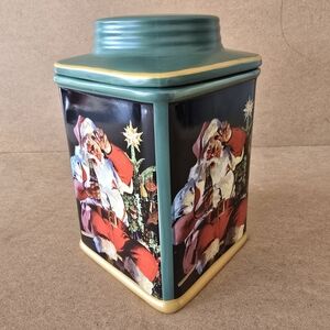 Coca Cola 2002 Stoneware 7" Christmas Laughing Santa Cannister W Lid Green